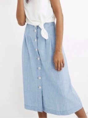 Madewell 6 Chambray Patio Button-Front Midi Skirt Light Blue Denim Casual MED